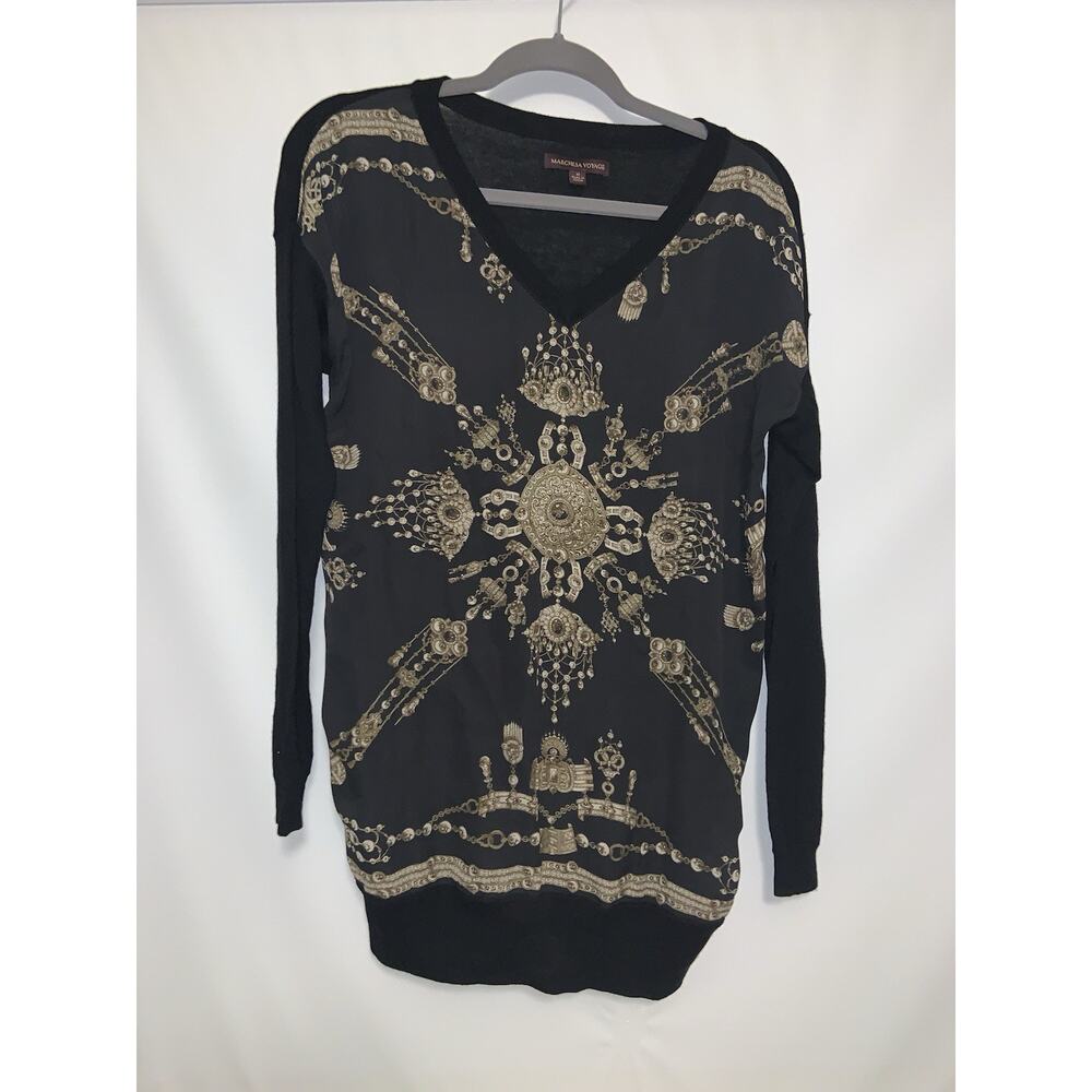 MARCHESA VOYAGE Black Sweater Shirt Gold Silk And Wool Size Medium